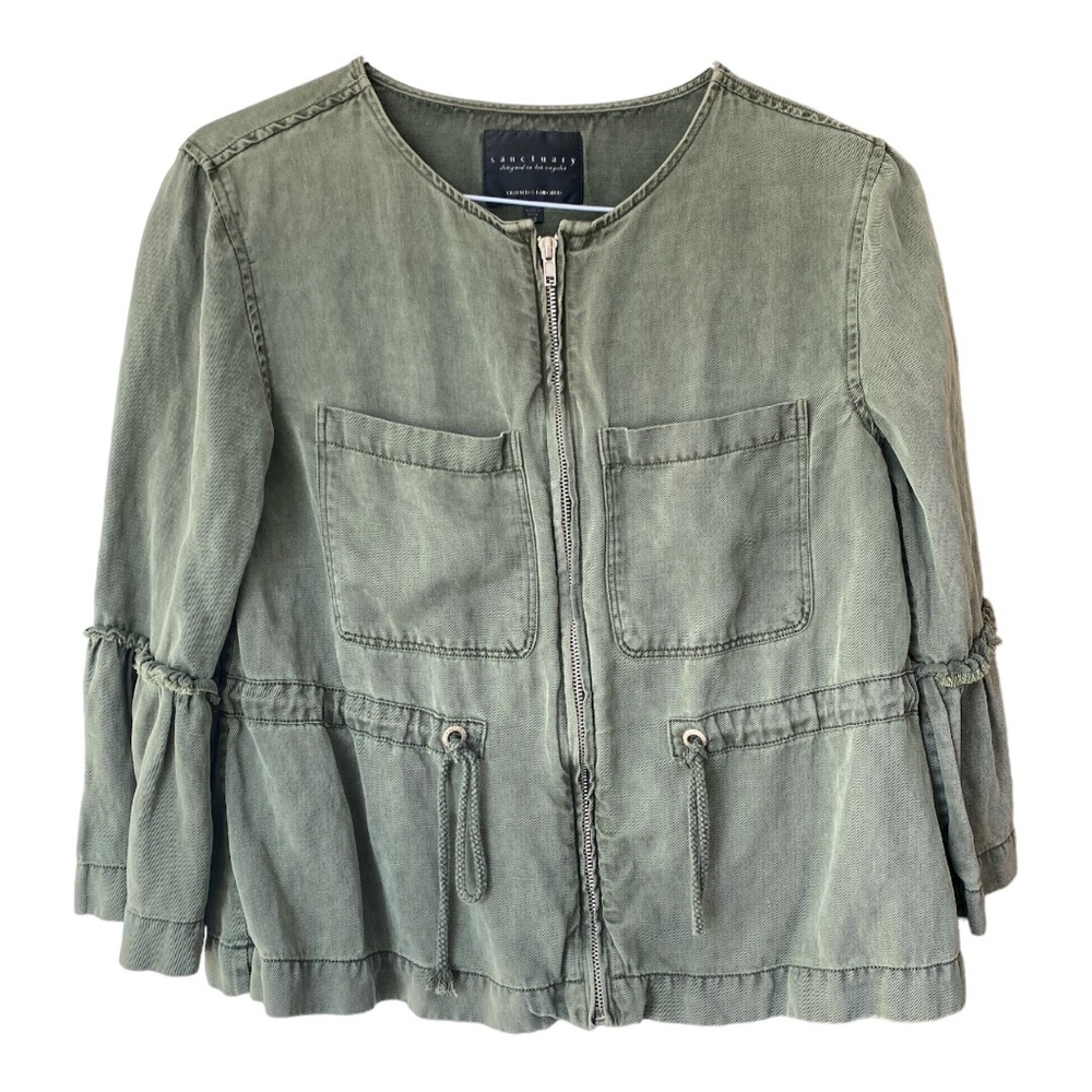 Sanctuary women’s army green jacket with cinch tie at waist and pockets